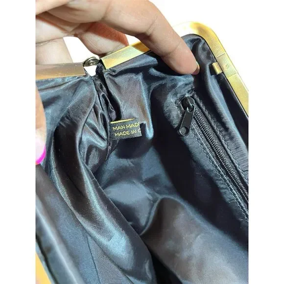 Vintage Black Clutch Gold Frame Kiss Clasp Women's Formal Bag Satin Finish - Picture 15 of 16